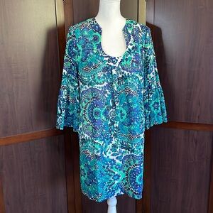 NWT Trina Turk Bonita Green Blue Bell Sleeve Floral Cotton Linen Mini Dress Sz 8